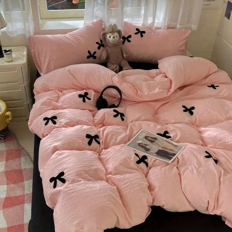 KIMLUD, Princess Bowknot Bedding Set Pink Duvet Cover Bed Flat Sheet Girls Solid Color Bed Linens Washed Cotton Bedclothes Single Double, pink black / Single150x200 3pcs / Flat Bed Sheet, KIMLUD APPAREL - Womens Clothes