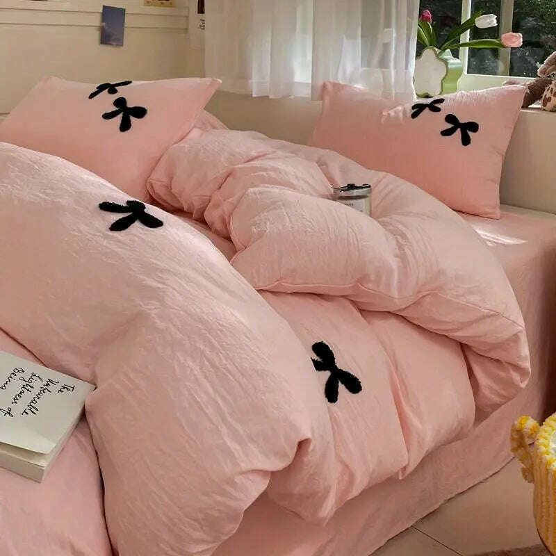 KIMLUD, Princess Bowknot Bedding Set Pink Duvet Cover Bed Flat Sheet Girls Solid Color Bed Linens Washed Cotton Bedclothes Single Double, KIMLUD Womens Clothes