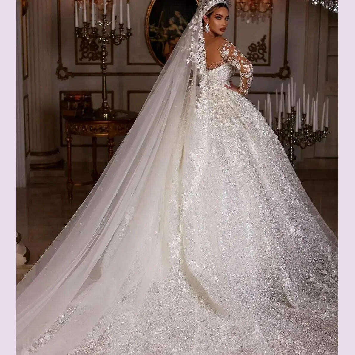 KIMLUD, Princess Wedding Dresses Vintage Lace Up Ball Gowns Beading Bridal Shinny Tulle Long Sleeves Elegant Luxury Marriage Dress 2024, KIMLUD Womens Clothes