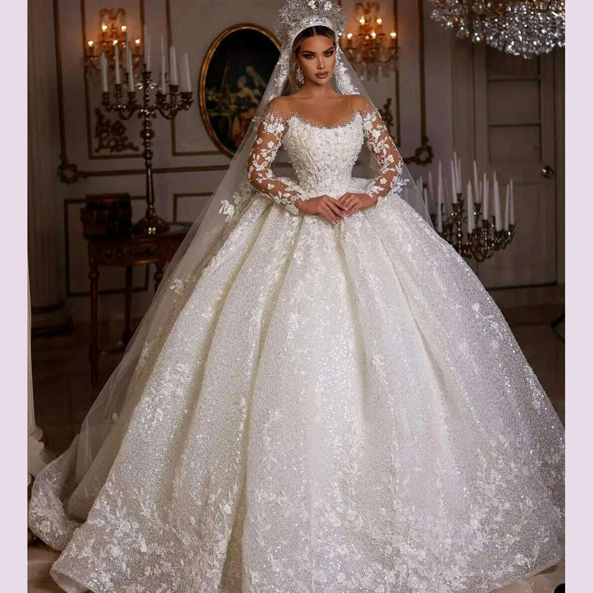 Princess Wedding Dresses Vintage Lace Up Ball Gowns Beading Bridal Shinny Tulle Long Sleeves Elegant Luxury Marriage Dress 2024 - KIMLUD