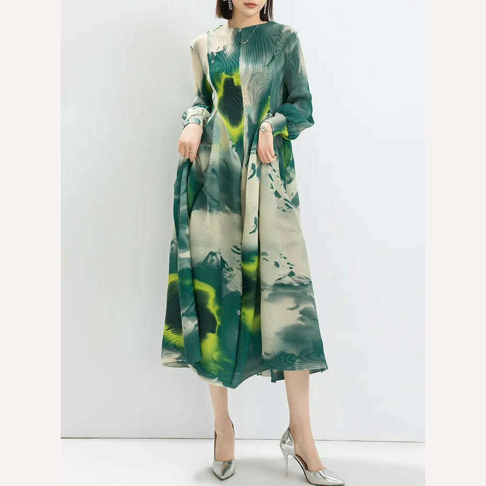 KIMLUD, LANMREM Contrast Color Print Pleated Dress For Women A-line Fashion Lantern Sleeves Long Dresses Evening Party 2024 New 32C742, Green / One Size, KIMLUD APPAREL - Womens Clothes