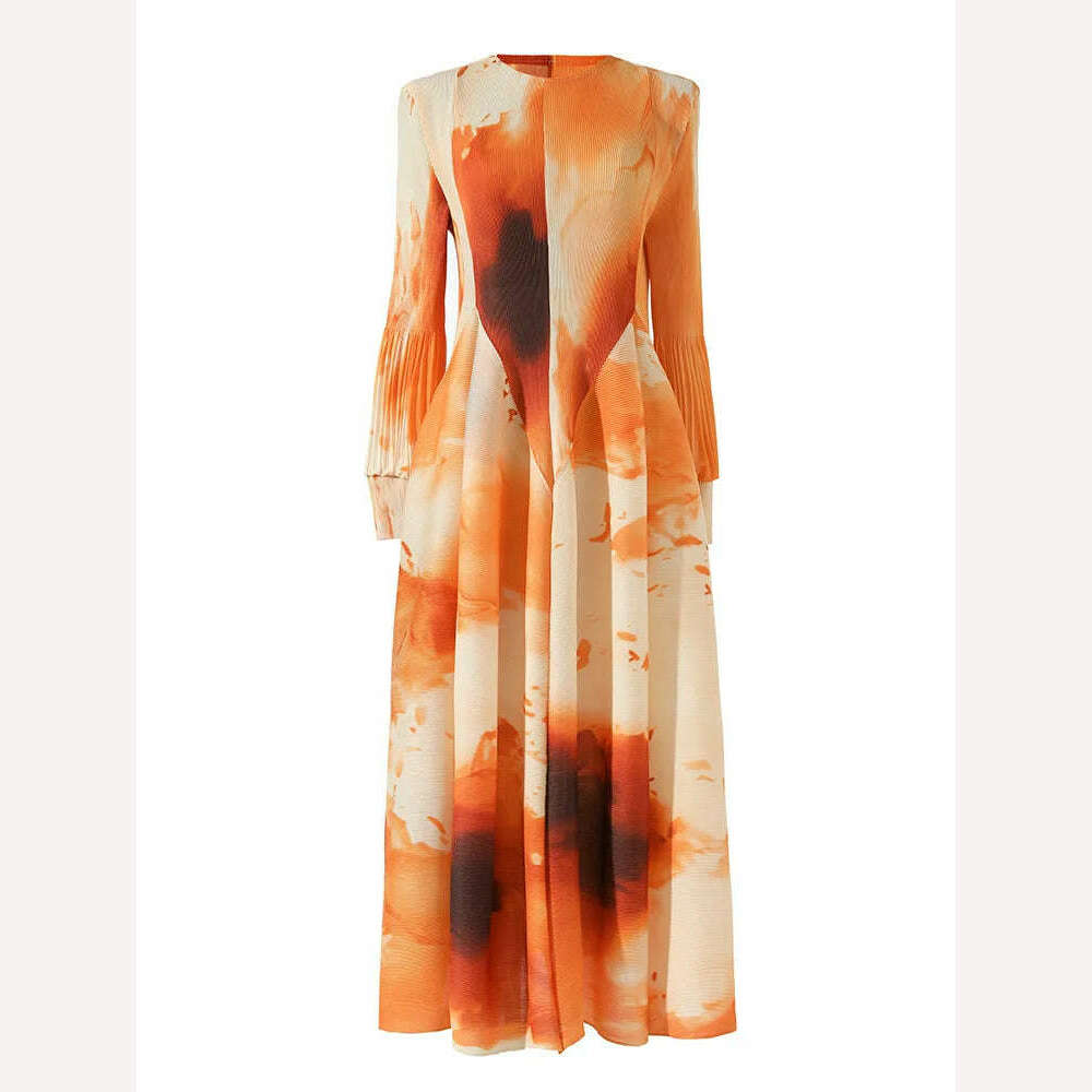 KIMLUD, LANMREM Contrast Color Print Pleated Dress For Women A-line Fashion Lantern Sleeves Long Dresses Evening Party 2024 New 32C742, Orange / One Size, KIMLUD APPAREL - Womens Clothes