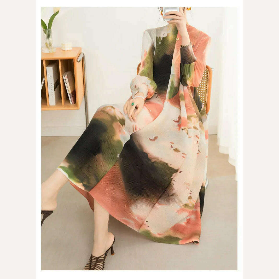 KIMLUD, LANMREM Contrast Color Print Pleated Dress For Women A-line Fashion Lantern Sleeves Long Dresses Evening Party 2024 New 32C742, KIMLUD Womens Clothes