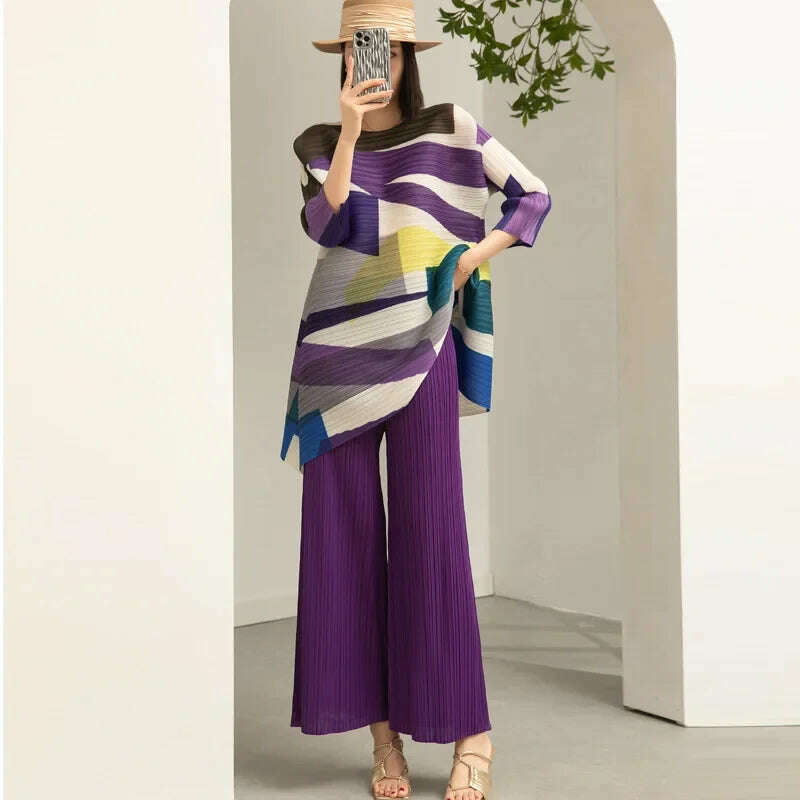 Miyake Pleated Women's Suit Women's Fashion Two-piece Set 2023 Autumn and Winter New Style Printed Mid-length Top Wide-leg Pants - KIMLUD