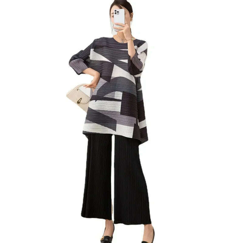 KIMLUD, Miyake Pleated Women's Suit Women's Fashion Two-piece Set 2023 Autumn and Winter New Style Printed Mid-length Top Wide-leg Pants, KIMLUD Womens Clothes