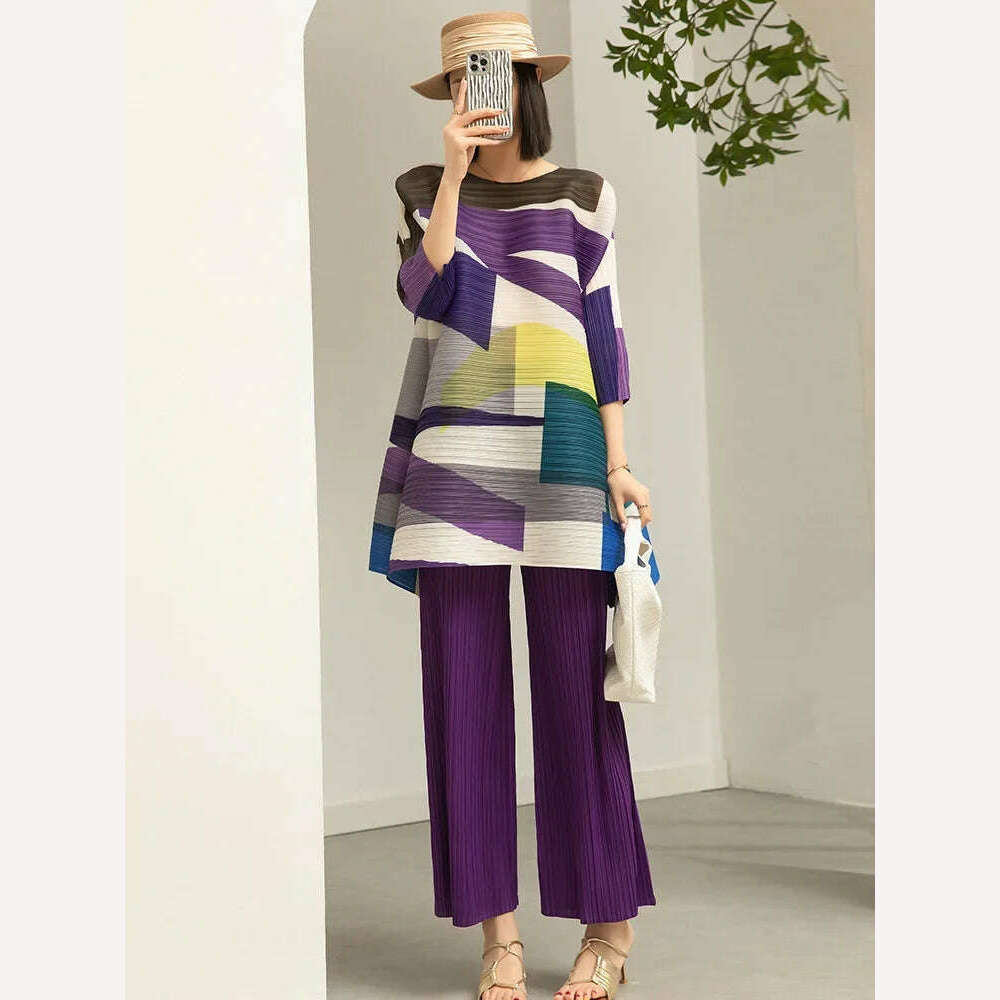 KIMLUD, Miyake Pleated Women's Suit Women's Fashion Two-piece Set 2023 Autumn and Winter New Style Printed Mid-length Top Wide-leg Pants, KIMLUD Womens Clothes