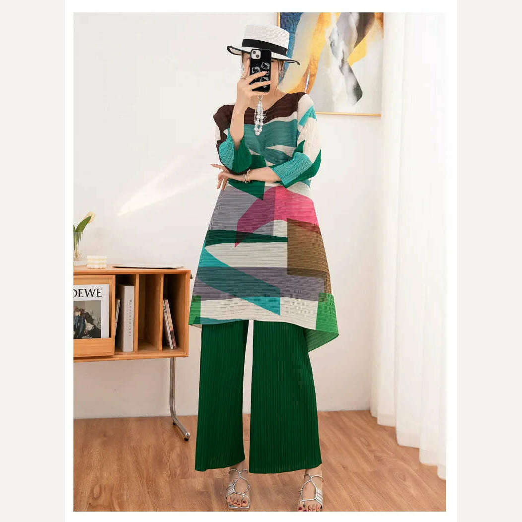 KIMLUD, Miyake Pleated Women's Suit Women's Fashion Two-piece Set 2023 Autumn and Winter New Style Printed Mid-length Top Wide-leg Pants, KIMLUD Womens Clothes