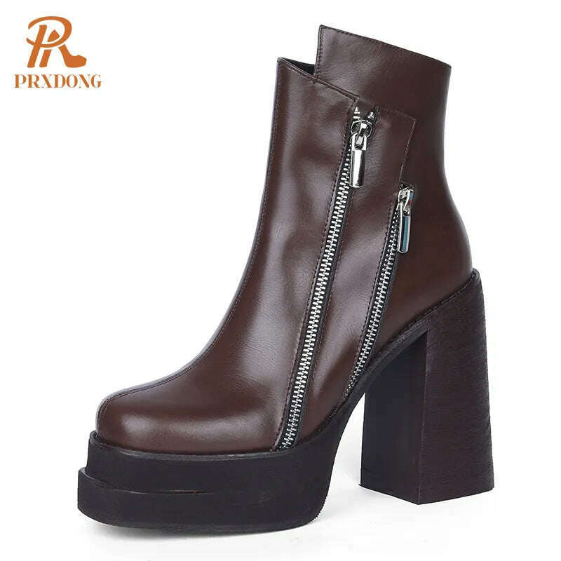 KIMLUD, PRXDONG 2023 Classic Women Ankle Boots Dress Working Autumn Winter Casual Thick High Heels Genuine Leather Shoes Woman Size 39, brown / 34 / China, KIMLUD APPAREL - Womens Clothes