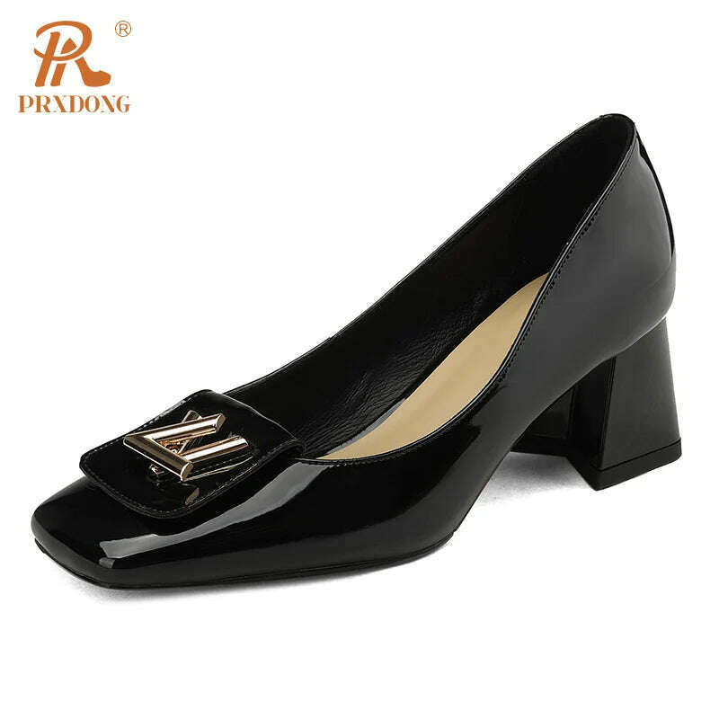 KIMLUD, PRXDONG New 2024 Fashion Metal Decoration Genuine Leather Pumps Women Shoes Square Toe Dress Party High Heels Spring Lady Shoes, black / 36 / CHINA, KIMLUD APPAREL - Womens Clothes