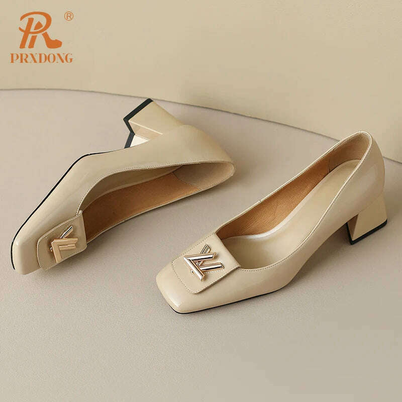 PRXDONG New 2024 Fashion Metal Decoration Genuine Leather Pumps Women Shoes Square Toe Dress Party High Heels Spring Lady Shoes - KIMLUD