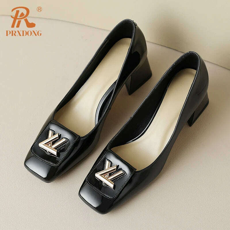 KIMLUD, PRXDONG New 2024 Fashion Metal Decoration Genuine Leather Pumps Women Shoes Square Toe Dress Party High Heels Spring Lady Shoes, KIMLUD Womens Clothes