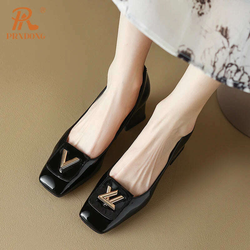 KIMLUD, PRXDONG New 2024 Fashion Metal Decoration Genuine Leather Pumps Women Shoes Square Toe Dress Party High Heels Spring Lady Shoes, KIMLUD Womens Clothes