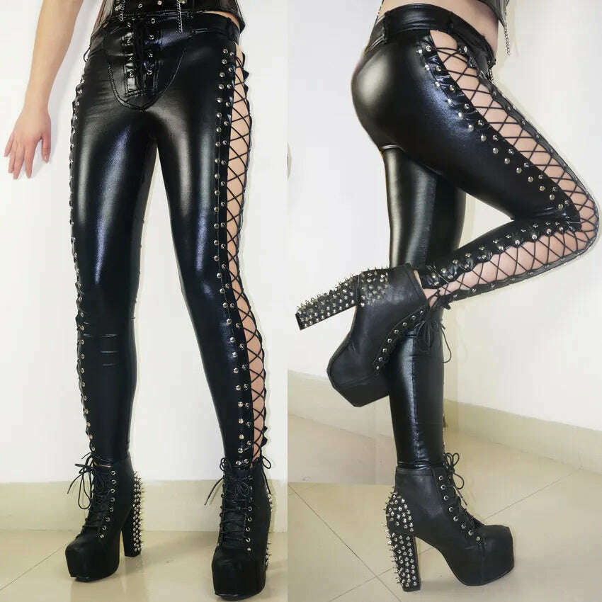 Punk Rock Imitation Leather Pencil Leggings Strap Imitation Leather Pants Leggings for Women Trousers Women - KIMLUD