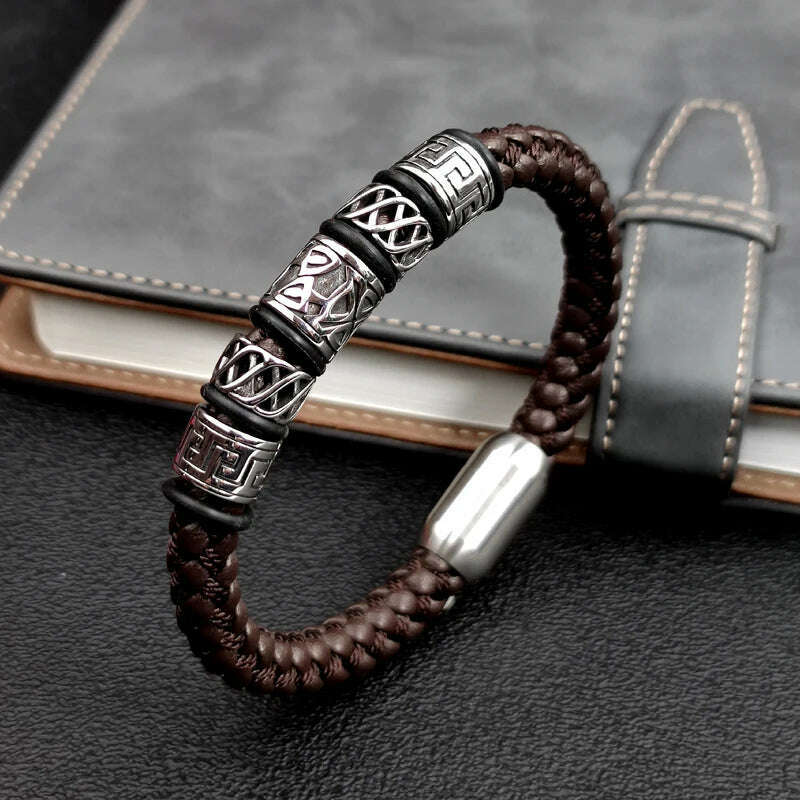 Punk Style Coffee Leather Bracelet 316L Stainless Steel 5 Viking Bead Bracelet Powerful Magnet Clasp 4 Color Friend Gifts - KIMLUD