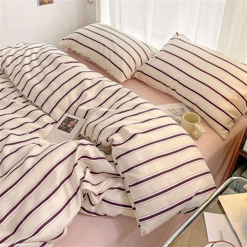 Pure Cotton Home Textile Blue Striped Bedding Set Simple Soft Duvet Cover Sheet Pillowcase Ins Style Bed Linens Queen King Size - KIMLUD