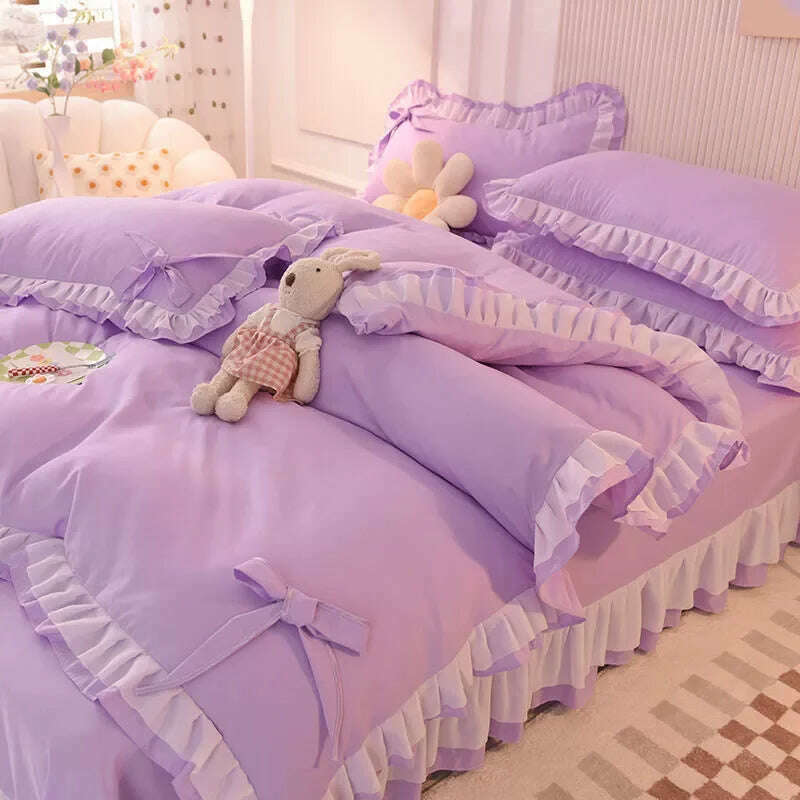 KIMLUD, Purple Bedding Sets Kawaii Seersucker Bed Sheet Pillowcase Fashion Girl Princess Duvet Cover 4 Pieces Cute Home Decoration, 2 / Twin150x200 4pcs / Flat sheet, KIMLUD APPAREL - Womens Clothes