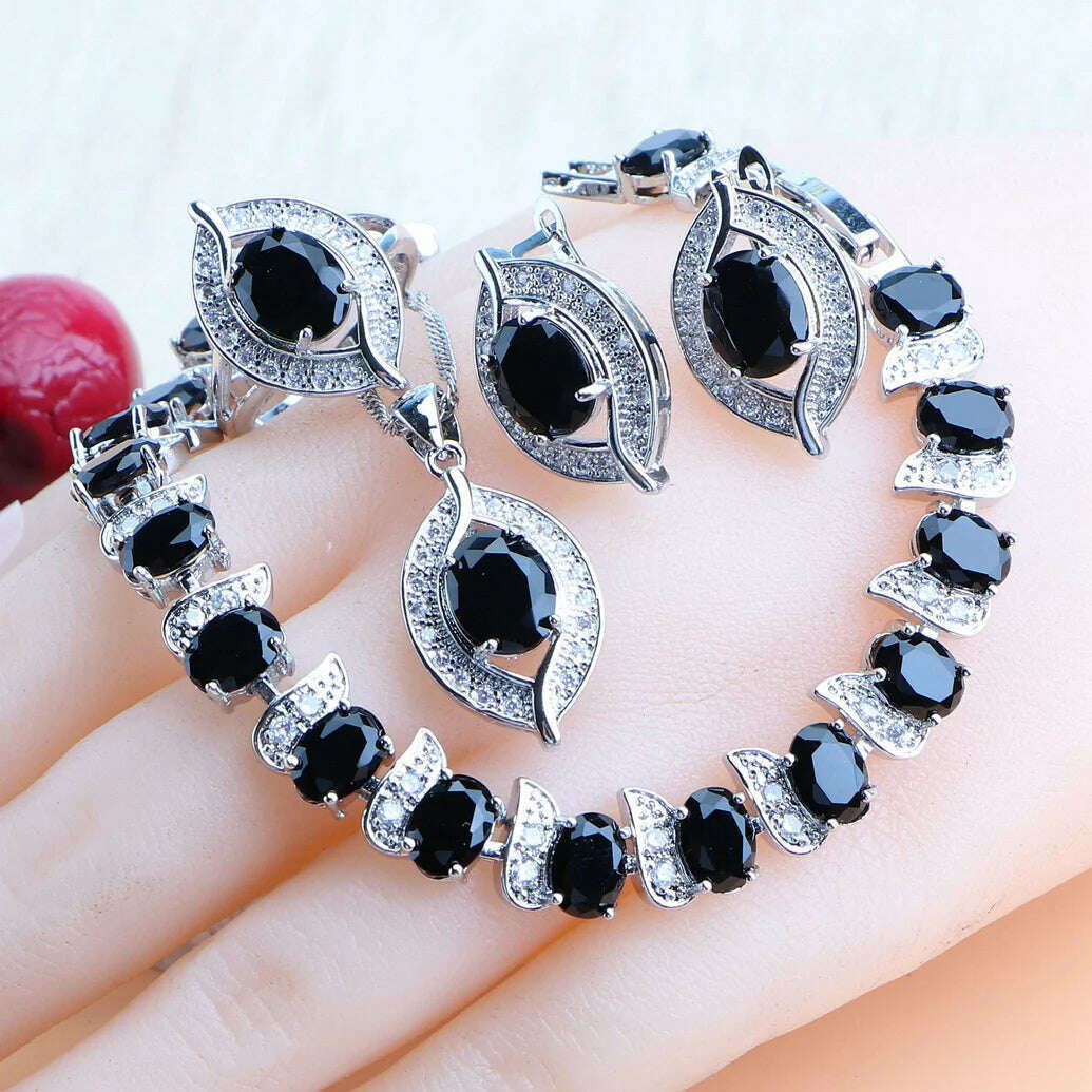 KIMLUD, Purple Zircon Silver 925 Jewelry Sets Bridal Earrings Charms Bracelets For Women Ring Pendant Necklace Set Wedding Jewelry, 4PCS-Black / 10, KIMLUD APPAREL - Womens Clothes