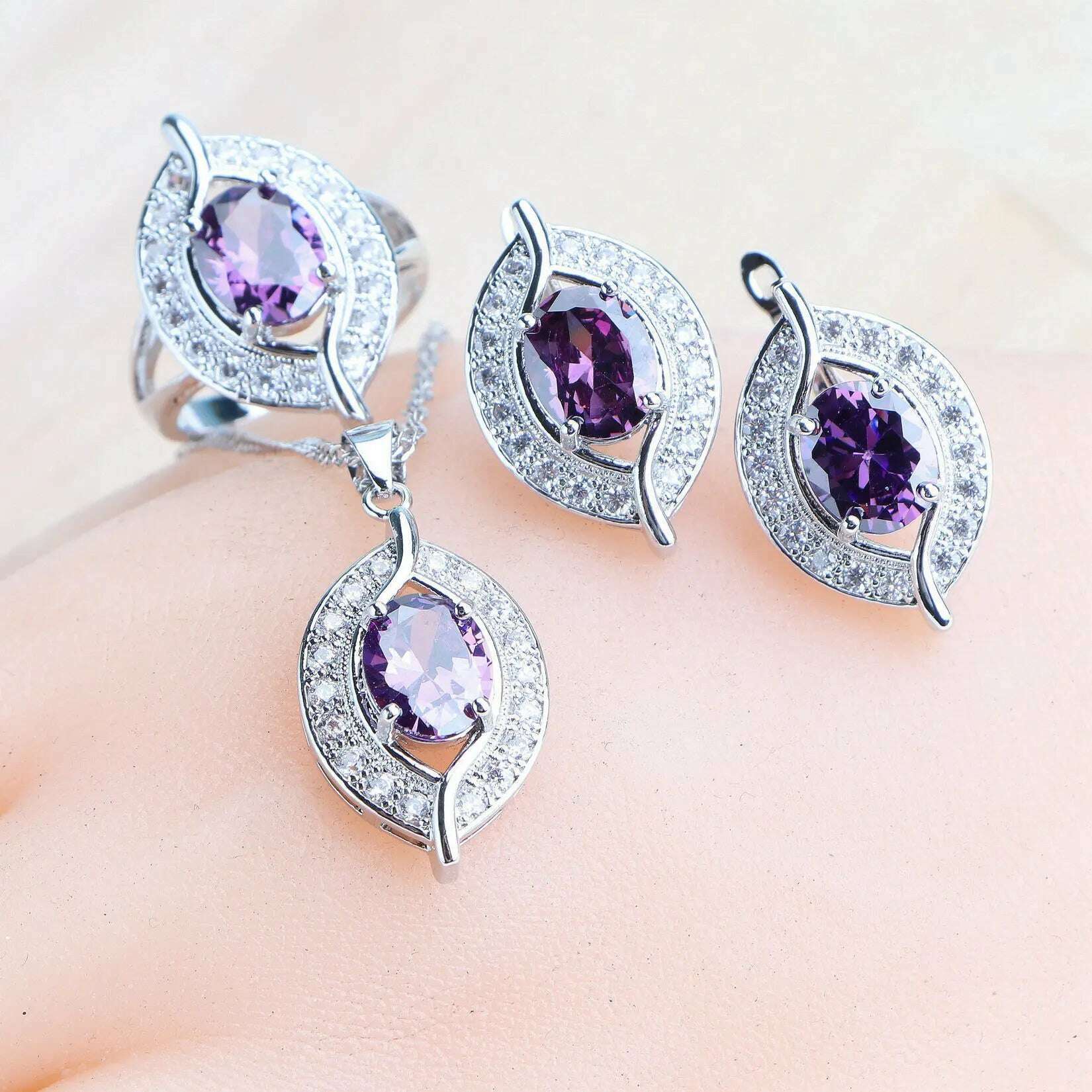 KIMLUD, Purple Zircon Silver 925 Jewelry Sets Bridal Earrings Charms Bracelets For Women Ring Pendant Necklace Set Wedding Jewelry, 3PCS-Purple / 10, KIMLUD APPAREL - Womens Clothes