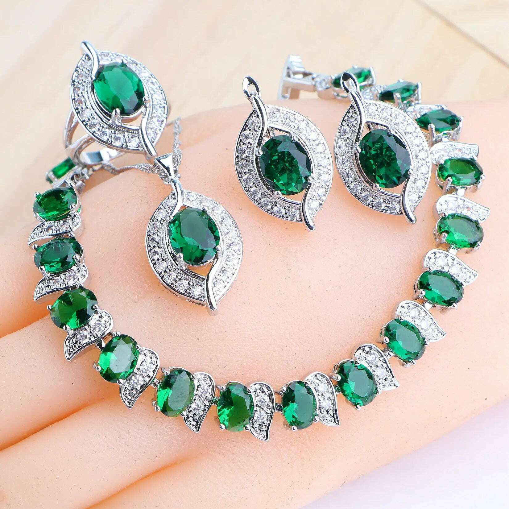 KIMLUD, Purple Zircon Silver 925 Jewelry Sets Bridal Earrings Charms Bracelets For Women Ring Pendant Necklace Set Wedding Jewelry, 4PCS-Green / 6, KIMLUD APPAREL - Womens Clothes