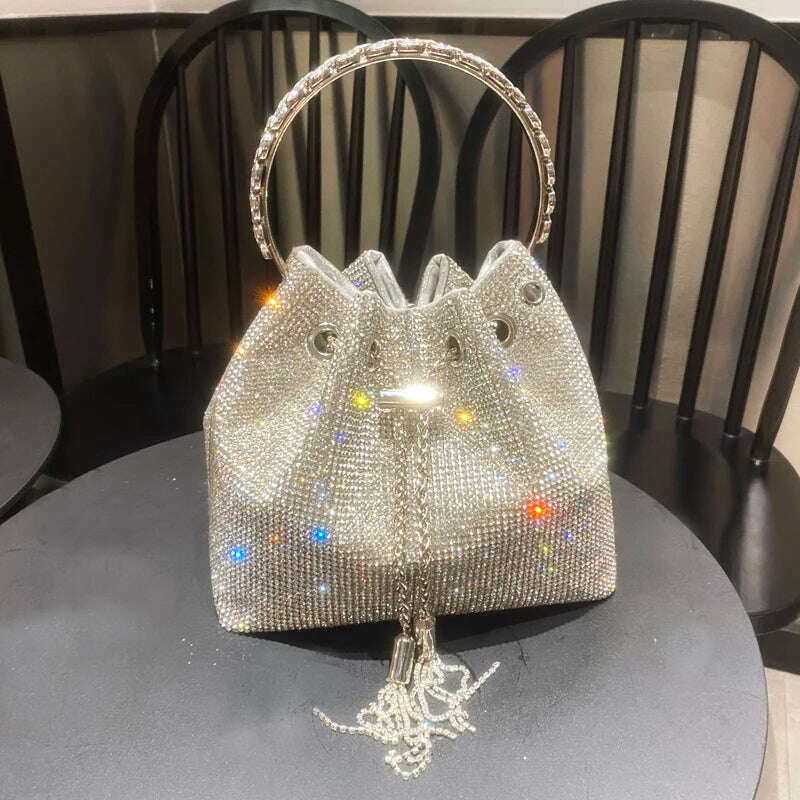 KIMLUD, purses and handbags bags for women luxury Designer bucket clutch purse evening banquet bag Crystal rhinestone shoulder bag, silver big 19cm, KIMLUD APPAREL - Womens Clothes