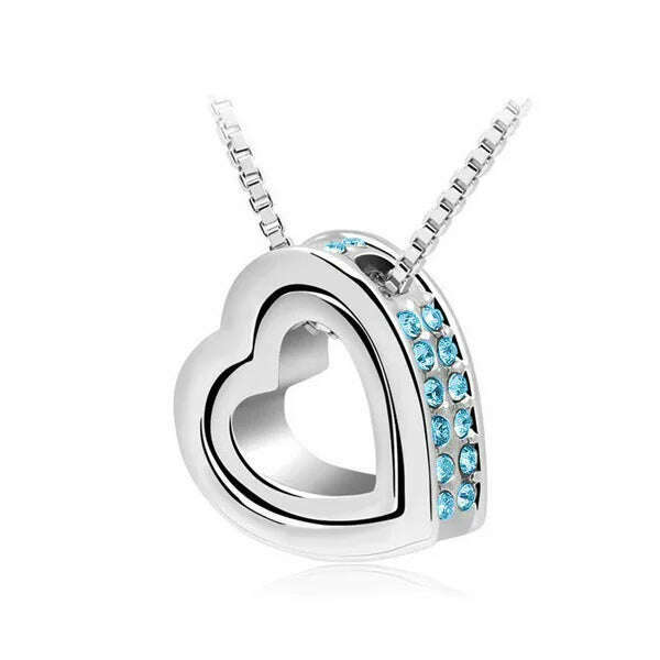 KIMLUD, quality float double Heart Pendant sweater chain Necklace crystal shine rhinestone charm birthday gift girls wed fashion jewelry, oceanblue, KIMLUD APPAREL - Womens Clothes