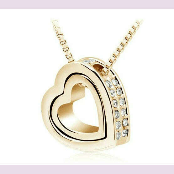 KIMLUD, quality float double Heart Pendant sweater chain Necklace crystal shine rhinestone charm birthday gift girls wed fashion jewelry, yellow gold white, KIMLUD APPAREL - Womens Clothes