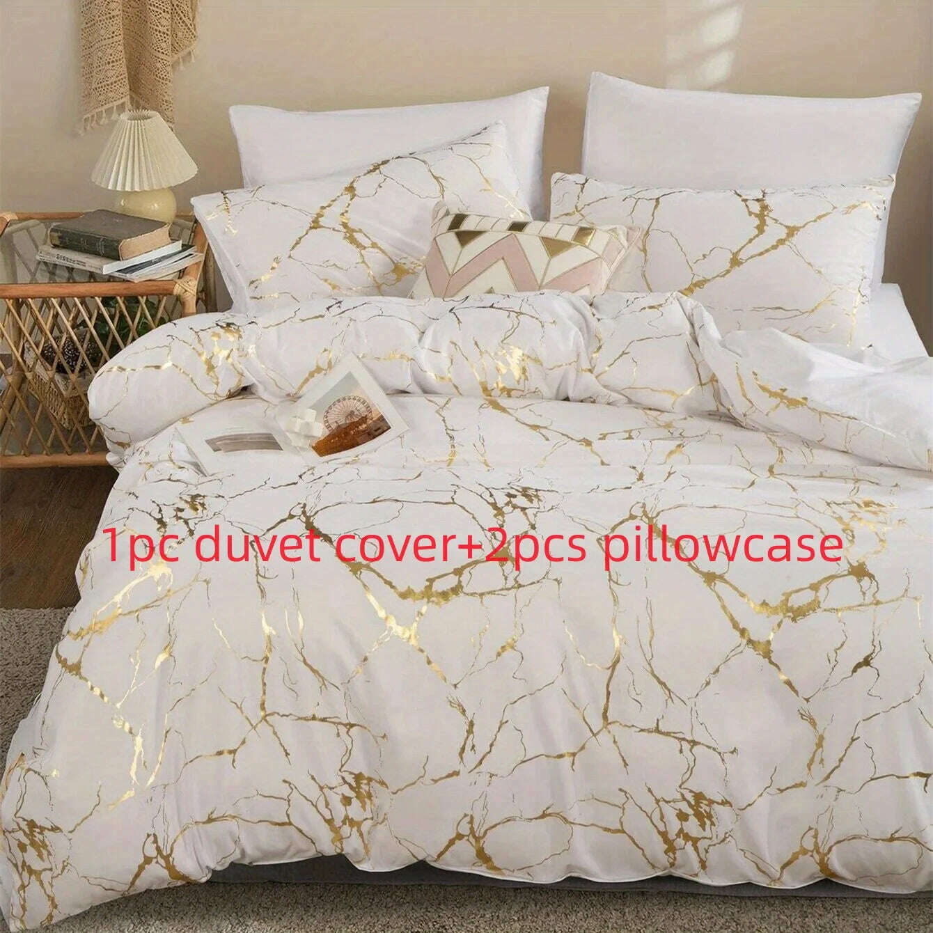 KIMLUD, Queen Bedding Duvet Cover Set White Marble Printed 3 Piece Luxury Microfiber Down Comforter Quilt Cover with Zipper Closure, KIMLUD Womens Clothes