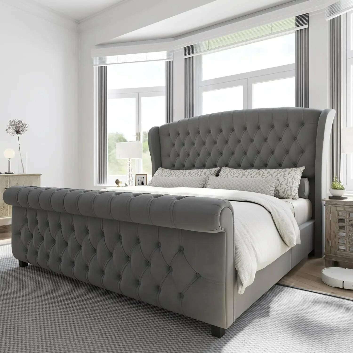 KIMLUD, Queen Size Bed Frame, Chenille Upholstered Sleigh Bed with Scroll Wingback Headboard & Footboard/Button Tufted, Queen Bed Frame, Grey / Queen / United States, KIMLUD APPAREL - Womens Clothes