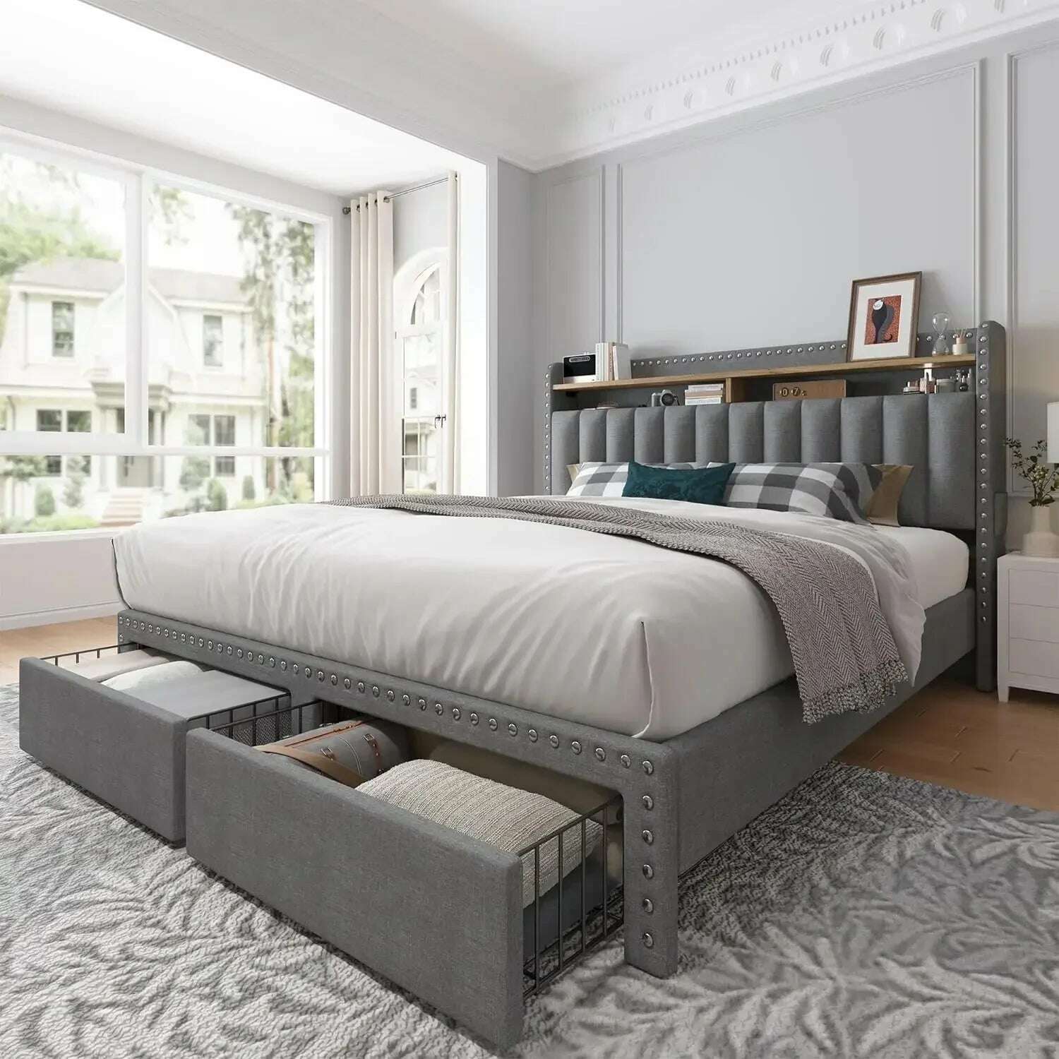 KIMLUD, Queen size Bed Frame with 2 Drawers, Upholstered Headboard and Storage, NO Noise, No Box Spring Needed, Queen size Bed Frame, Grey / King / United States, KIMLUD APPAREL - Womens Clothes