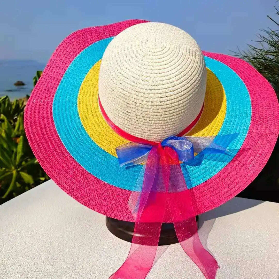 Rainbow Hat Women's Colorful Big Eave Straw Hat Summer Sunscreen Sunshade Hat Tourism Sun Hat Beach Hat Wholesale - KIMLUD