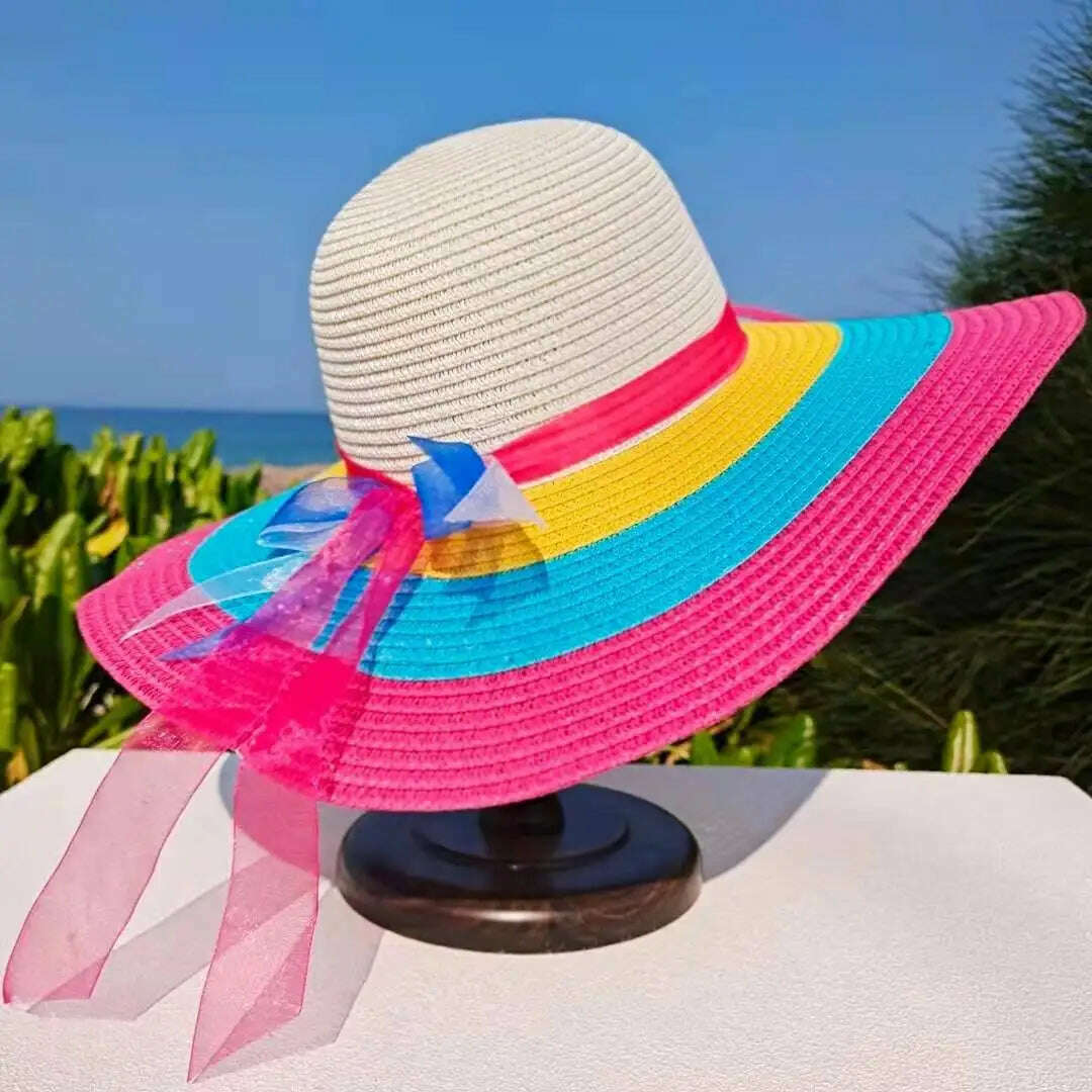 Rainbow Hat Women's Colorful Big Eave Straw Hat Summer Sunscreen Sunshade Hat Tourism Sun Hat Beach Hat Wholesale - KIMLUD