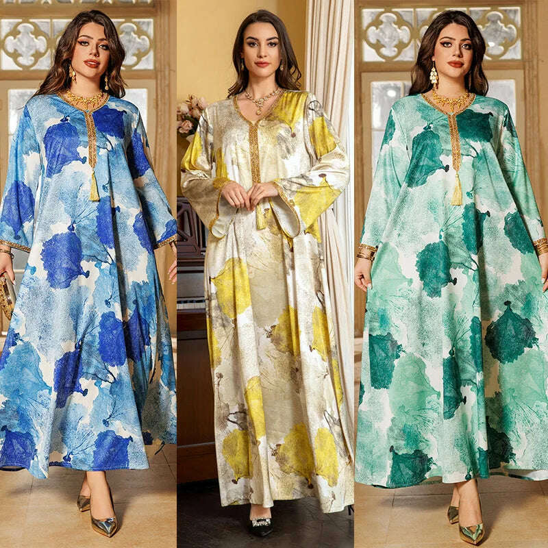 KIMLUD, Ramadan Morocco Middle East Arab Robe Women's Big Size Dubai Women's Wear Muslim Luxury Hot Diamond Fashion Printed Satin Dress, KIMLUD Womens Clothes