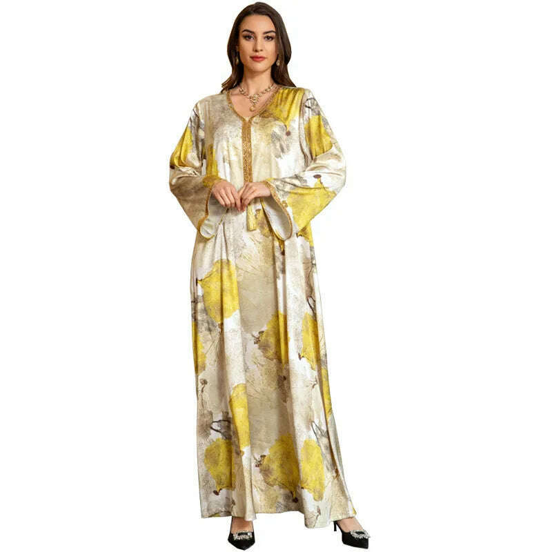 KIMLUD, Ramadan Morocco Middle East Arab Robe Women's Big Size Dubai Women's Wear Muslim Luxury Hot Diamond Fashion Printed Satin Dress, KIMLUD Womens Clothes