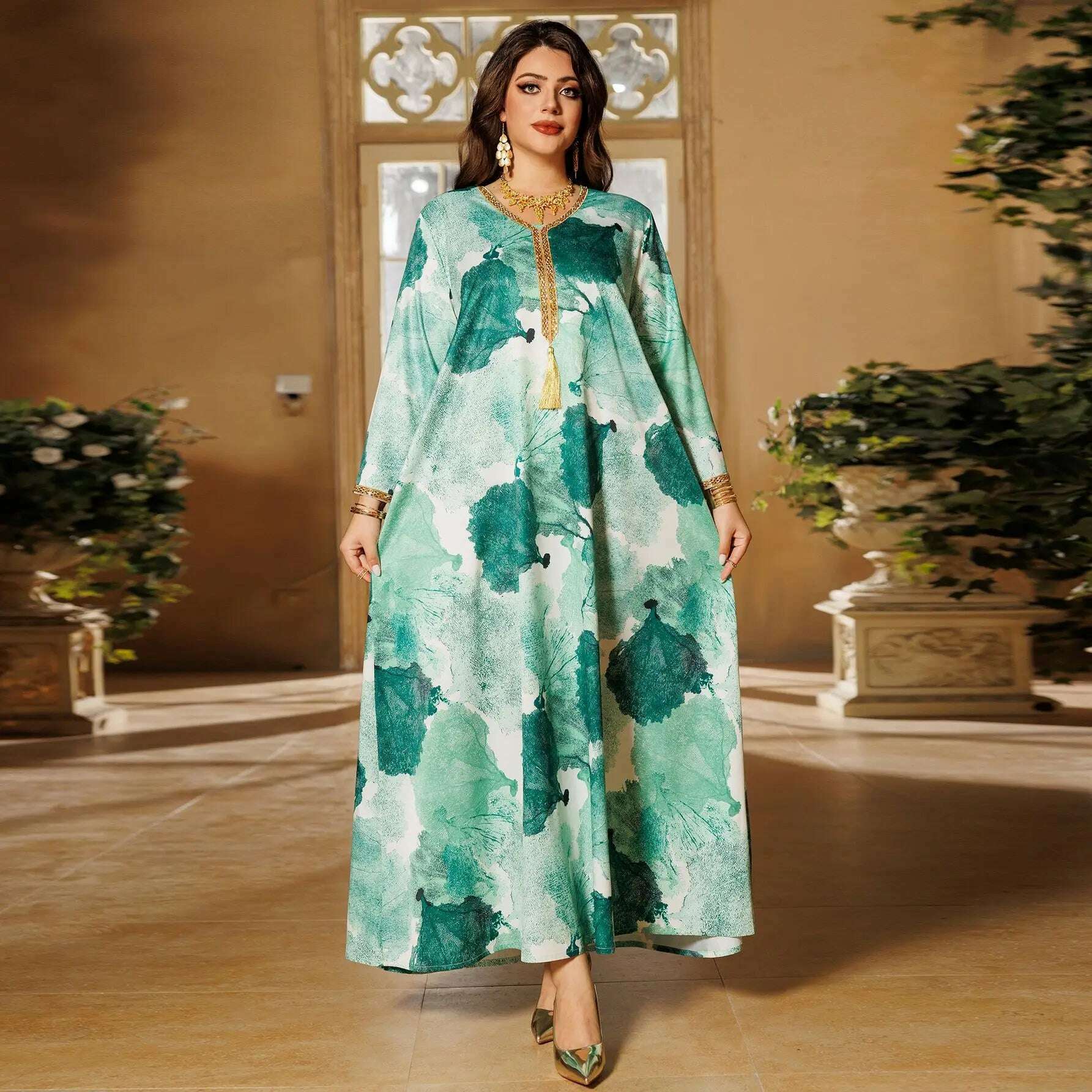 KIMLUD, Ramadan Morocco Middle East Arab Robe Women's Big Size Dubai Women's Wear Muslim Luxury Hot Diamond Fashion Printed Satin Dress, KIMLUD Womens Clothes