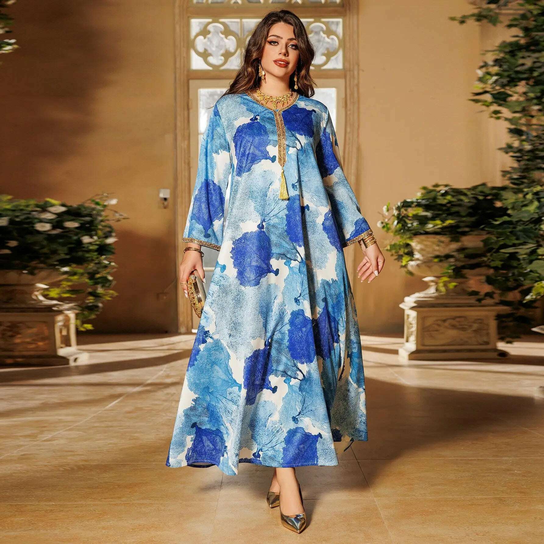 KIMLUD, Ramadan Morocco Middle East Arab Robe Women's Big Size Dubai Women's Wear Muslim Luxury Hot Diamond Fashion Printed Satin Dress, KIMLUD Womens Clothes