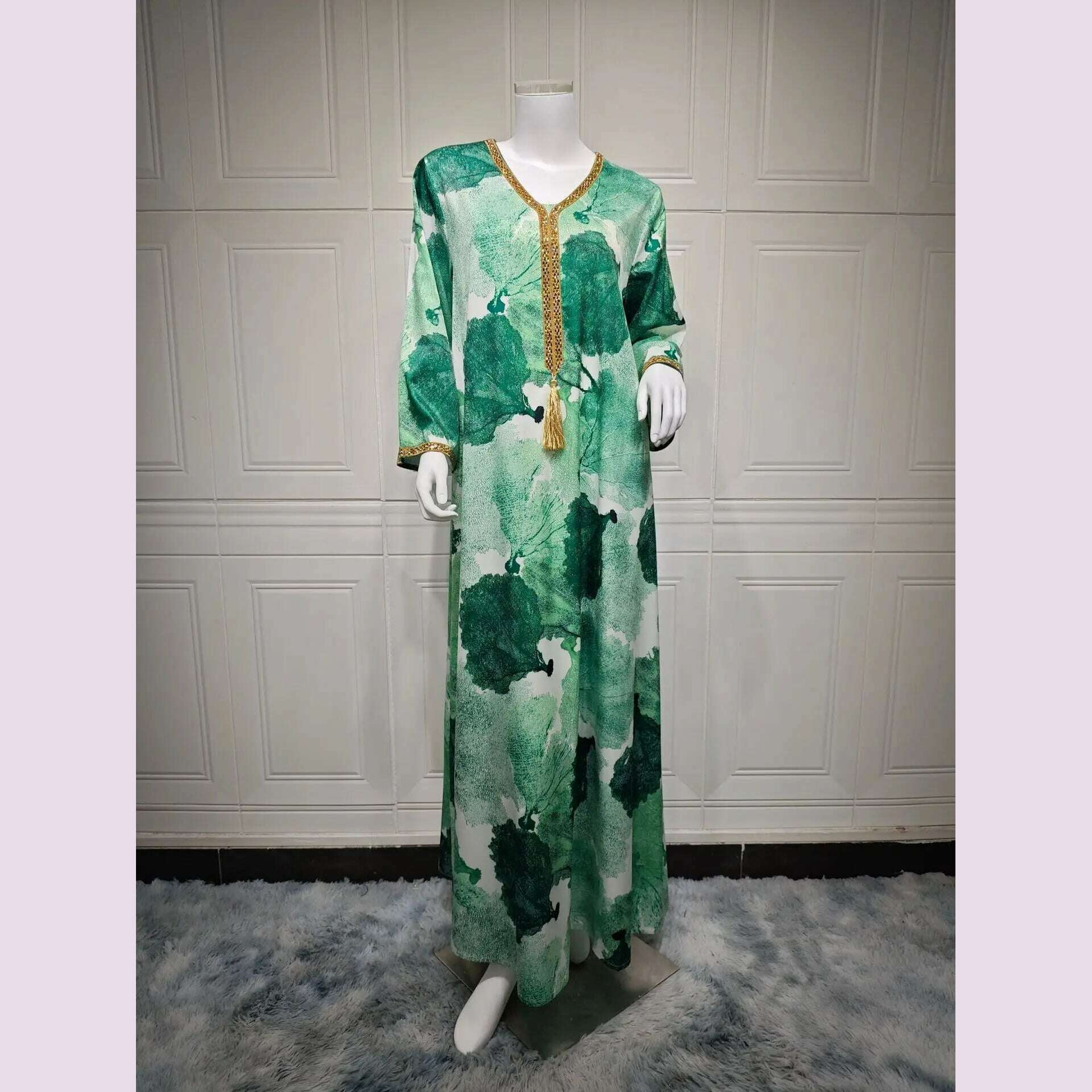 KIMLUD, Ramadan Morocco Middle East Arab Robe Women's Big Size Dubai Women's Wear Muslim Luxury Hot Diamond Fashion Printed Satin Dress, green / M, KIMLUD APPAREL - Womens Clothes