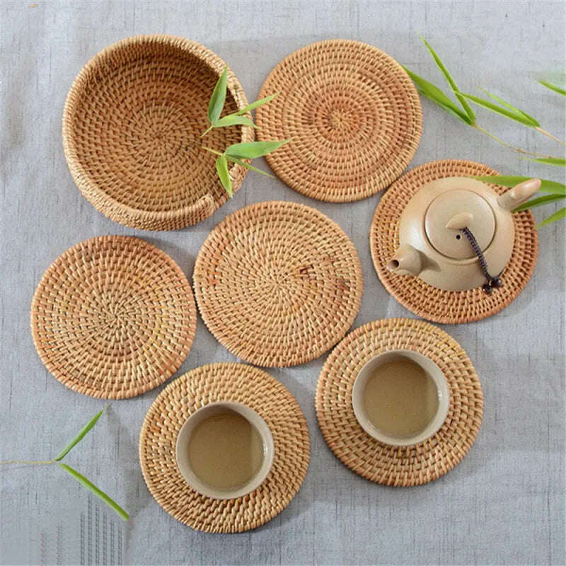 KIMLUD, Rattan Weave Cup Mat Set Drink Coasters Round Pot Pad Table Dish Placemat Home Table Decoration Insulation Handmade Coffee Mat, KIMLUD Womens Clothes