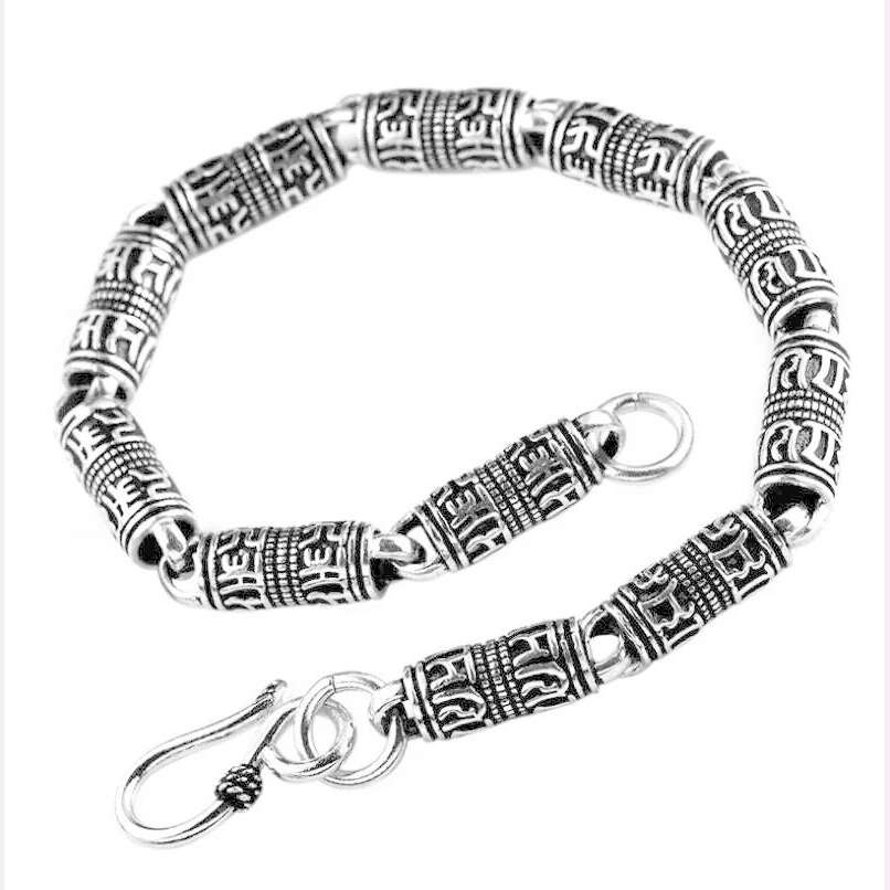 Real 925 Silver Engraving Symbol Cylinder Bracelet Man Woman Thai Silver Mantra Chain Bless Safe Bracelet Jewelry Gift - KIMLUD