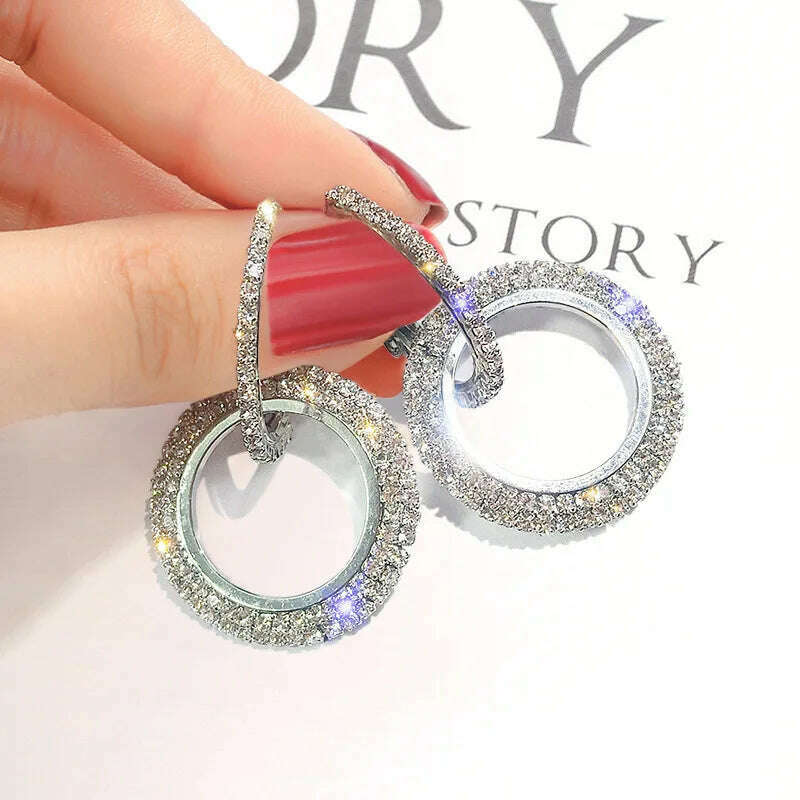 Real 925 Sterling Silver Needle Large Hoop Earrings for Women Round Rhinestone Hoop Gold Female Tassel Earrings Jewelry Bijoux - KIMLUD