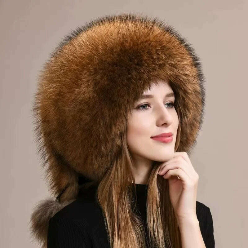 Real Fox Fur Hat For Women Winter Thickened Warm Natural Fur Princess Hat Adjustable Russians Cap Real Raccoon Fur Bomber Caps - KIMLUD