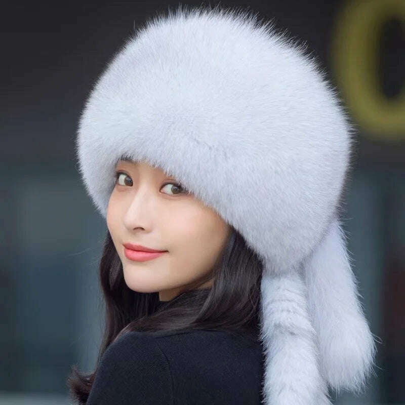 KIMLUD, Real Fox Fur Hat Winter Natural Fur Snow Hat For Ladies Thick Outdoor Beanies Caps Russians Skiing Hats Bomber White Fur Caps, KIMLUD Womens Clothes