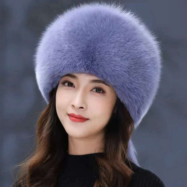 KIMLUD, Real Fox Fur Hat Winter Natural Fur Snow Hat For Ladies Thick Outdoor Beanies Caps Russians Skiing Hats Bomber White Fur Caps, Blue / one size, KIMLUD APPAREL - Womens Clothes