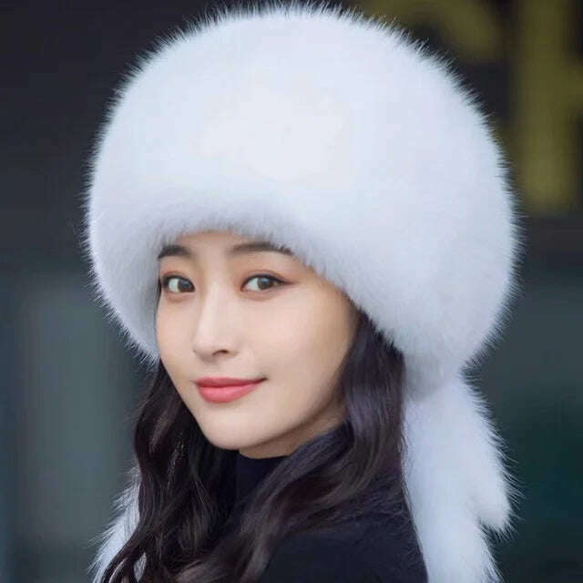 KIMLUD, Real Fox Fur Hat Winter Natural Fur Snow Hat For Ladies Thick Outdoor Beanies Caps Russians Skiing Hats Bomber White Fur Caps, White / one size, KIMLUD APPAREL - Womens Clothes