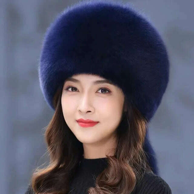 KIMLUD, Real Fox Fur Hat Winter Natural Fur Snow Hat For Ladies Thick Outdoor Beanies Caps Russians Skiing Hats Bomber White Fur Caps, Navy Blue / one size, KIMLUD APPAREL - Womens Clothes