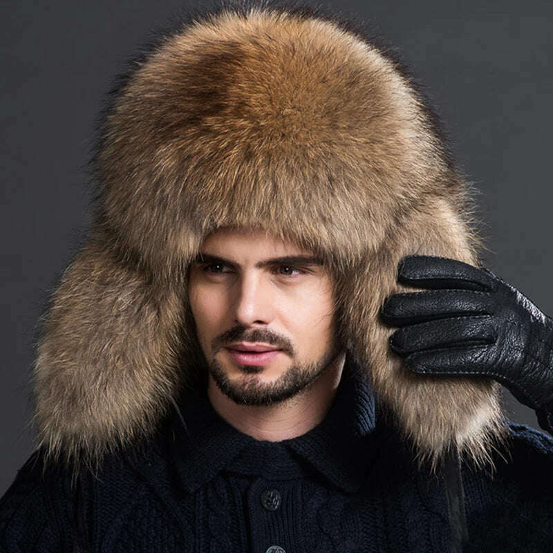 Real fur 100% Fox Skin Russian Businessmen Pilot Bombers Full Mao Men's hat Ushanka Winter Ear Guard Hat Raccoon Fur Beanie hat - KIMLUD