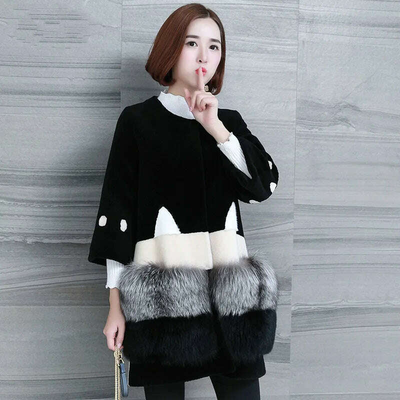 KIMLUD, Real Fur Coat 2019 Women Winter Coat Wool Jacket Fox Fur Coats Lambswool Coat Black Long Korean Women Tops abrigo mujer, KIMLUD Womens Clothes