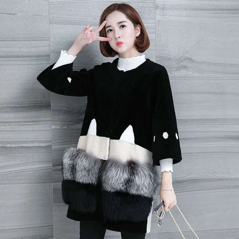 KIMLUD, Real Fur Coat 2019 Women Winter Coat Wool Jacket Fox Fur Coats Lambswool Coat Black Long Korean Women Tops abrigo mujer, KIMLUD Womens Clothes