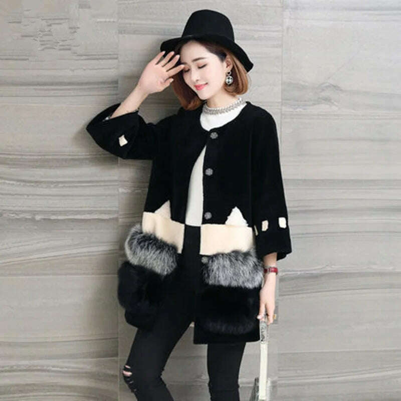 KIMLUD, Real Fur Coat 2019 Women Winter Coat Wool Jacket Fox Fur Coats Lambswool Coat Black Long Korean Women Tops abrigo mujer, KIMLUD Womens Clothes