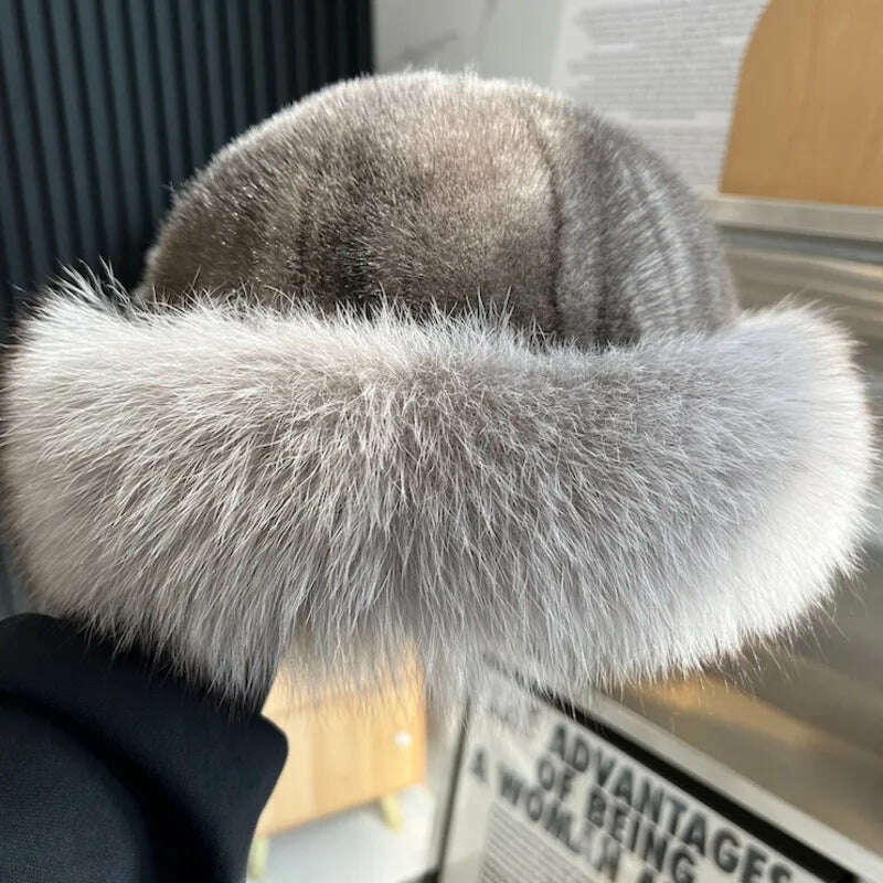 KIMLUD, Real Mink Fur Hat For Women Winter Natural Mink Fur Hat With Fox Fur Brim Female Fashion Fisherman Hat Thicked Fur Bomber Hats, KIMLUD Womens Clothes