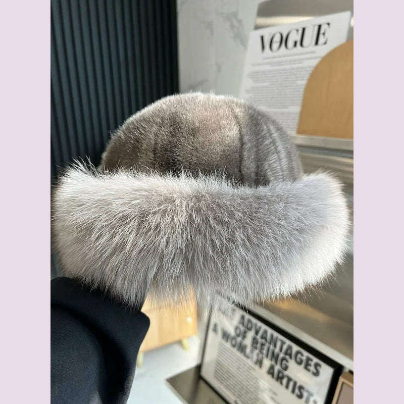 KIMLUD, Real Mink Fur Hat For Women Winter Natural Mink Fur Hat With Fox Fur Brim Female Fashion Fisherman Hat Thicked Fur Bomber Hats, Gray, KIMLUD APPAREL - Womens Clothes